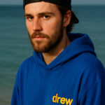 Justin Bieber mengenakan hoodie biru bertuliskan "drew" dan topi hitam di tepi pantai dengan ekspresi serius.