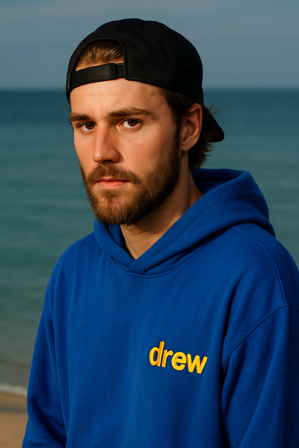 Justin Bieber mengenakan hoodie biru bertuliskan "drew" dan topi hitam di tepi pantai dengan ekspresi serius.