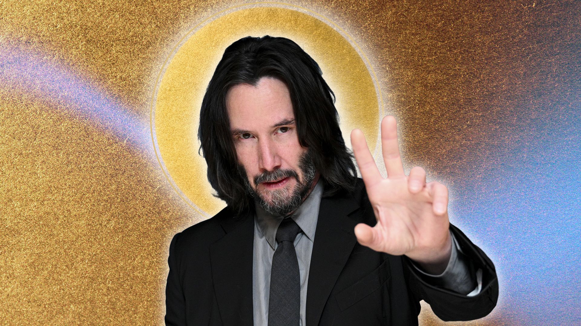 Keanu Reeves bergaya damai dengan aura karisma yang memancar.