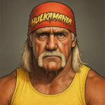 Ilustrasi Hulk Hogan dengan bandana "HULKAMANIA" dan kaus kuning.