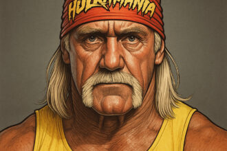 Ilustrasi Hulk Hogan dengan bandana "HULKAMANIA" dan kaus kuning.