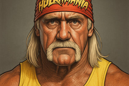 Ilustrasi Hulk Hogan dengan bandana "HULKAMANIA" dan kaus kuning.