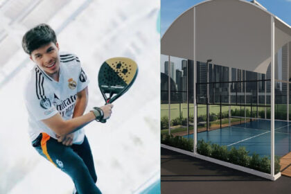 Atta Halilintar duduk di lapangan padel dan tampak desain lapangan rooftop kaca.