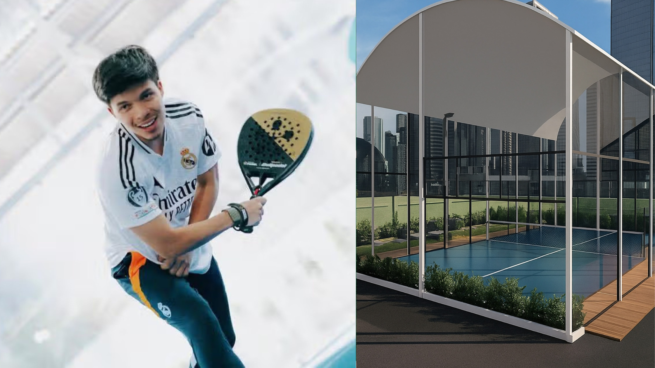 Atta Halilintar duduk di lapangan padel dan tampak desain lapangan rooftop kaca.