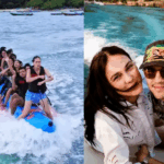 Luna Maya menari di atas banana boat bersama teman-teman saat liburan.