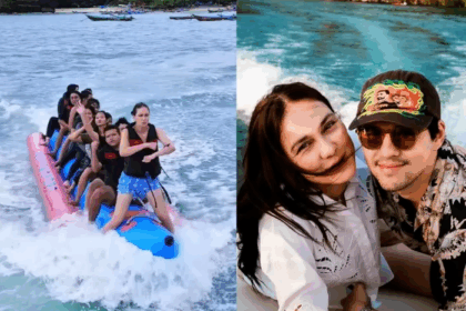 Luna Maya menari di atas banana boat bersama teman-teman saat liburan.