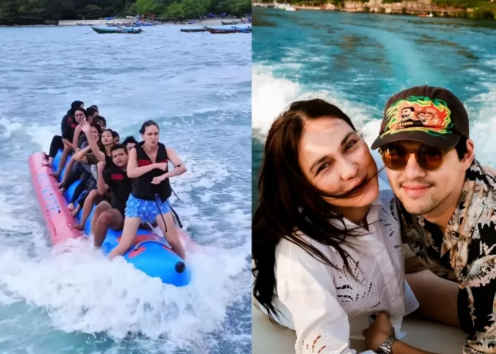 Luna Maya menari di atas banana boat bersama teman-teman saat liburan.