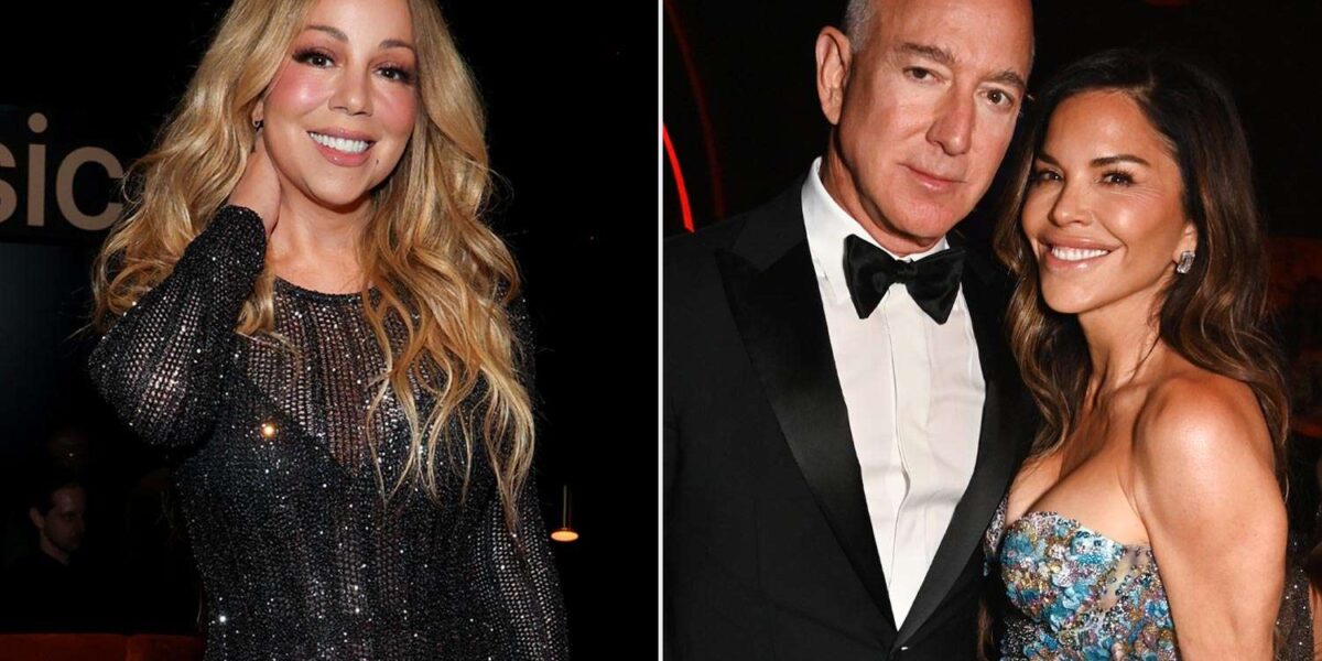 Mariah Carey tersenyum, di samping foto Jeff Bezos dan Lauren Sánchez