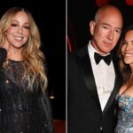 Mariah Carey tersenyum, di samping foto Jeff Bezos dan Lauren Sánchez