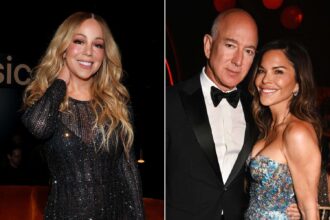 Mariah Carey tersenyum, di samping foto Jeff Bezos dan Lauren Sánchez