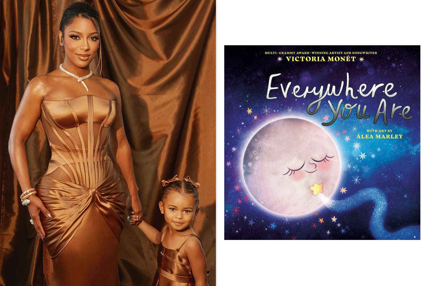 Victoria Monét dan putrinya Hazel berpose di samping cover buku Everywhere You Are.