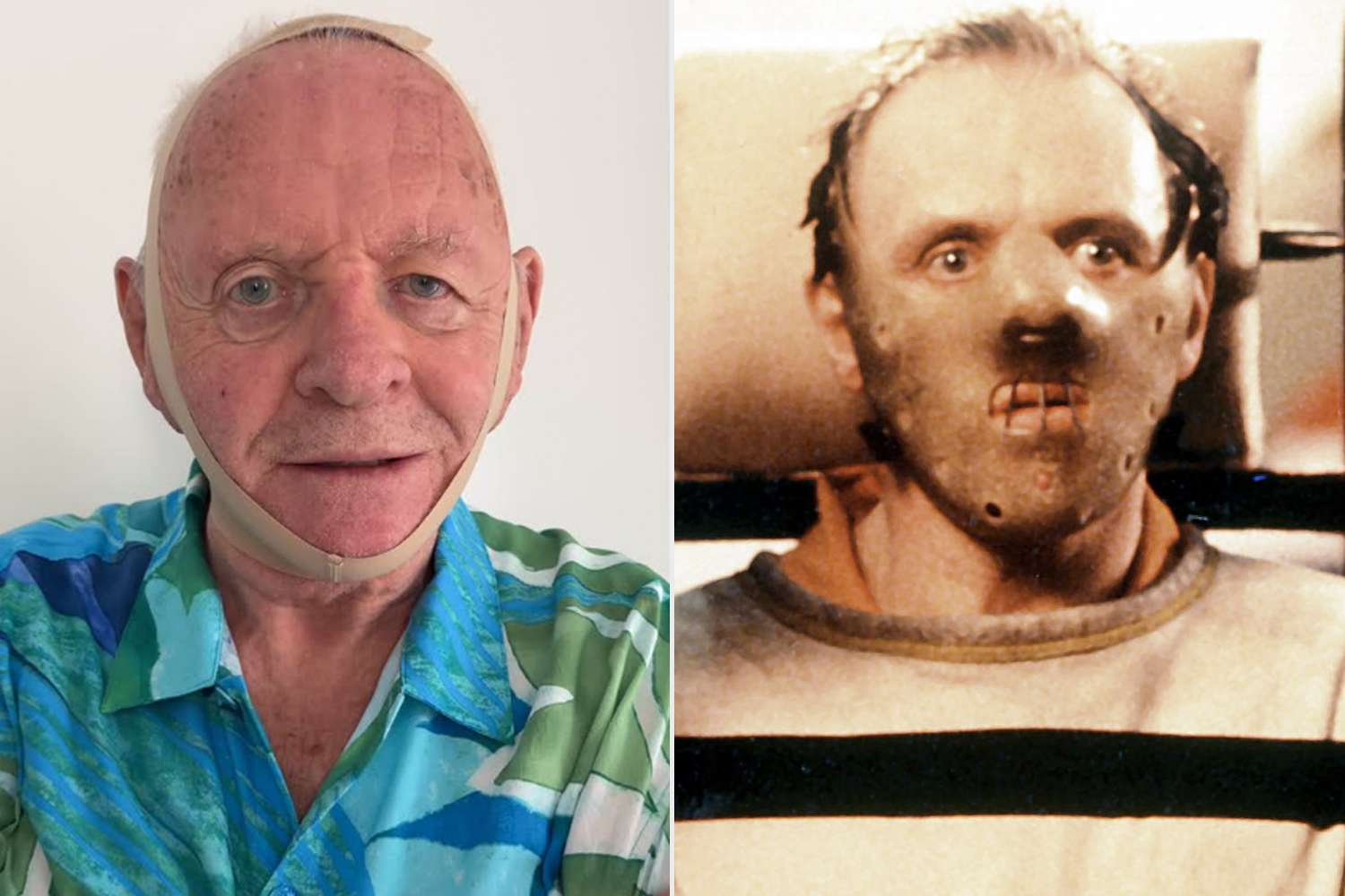 Anthony Hopkins mengenakan SKIMS Face Wrap dan sebagai Hannibal Lecter di film